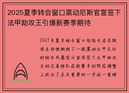 2025夏季转会窗口震动尼斯官宣签下法甲助攻王引爆新赛季期待