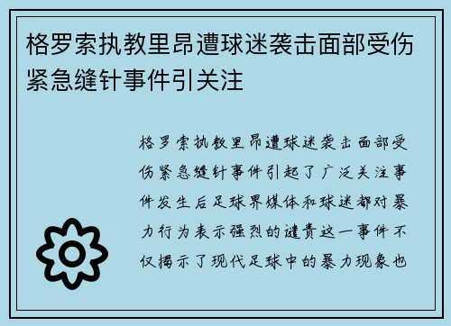 格罗索执教里昂遭球迷袭击面部受伤紧急缝针事件引关注 格罗索执教里昂遭球迷袭击面部受伤紧急缝针事件引关注